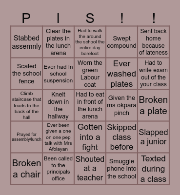 PIS VERSION Bingo Card