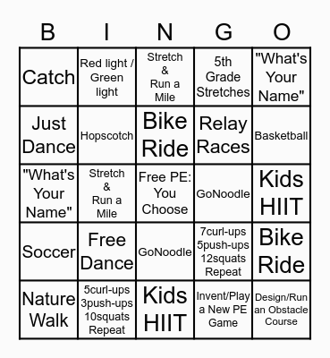 Week 2: PE BINGO: 20 minutes each day/box Bingo Card