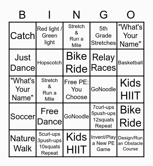 Week 2: PE BINGO: 20 minutes each day/box Bingo Card