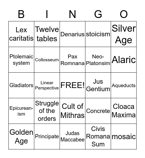 Roman Civilzation Bingo Card