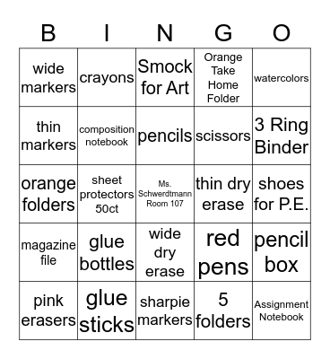 School Supply Bingo Card