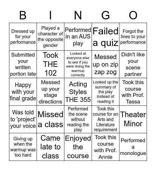 AUS Acting Styles BINGO Card