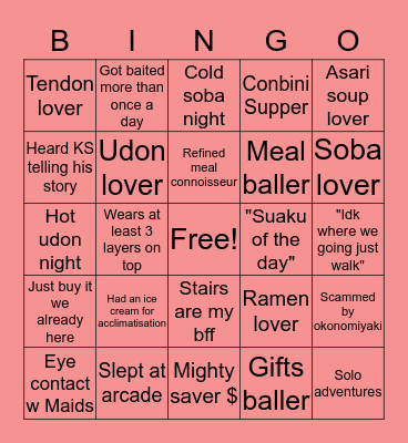 Japan Trip 2020 Bingo Card