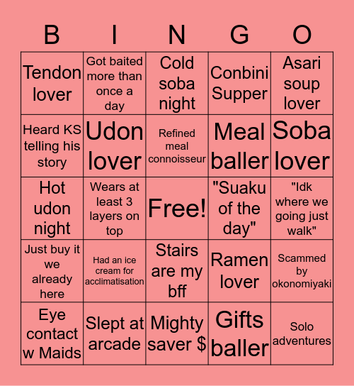 Japan Trip 2020 Bingo Card