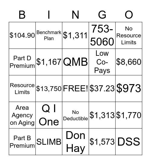 Medicare Savings Programs/Limited Income Subsidy Bingo Card