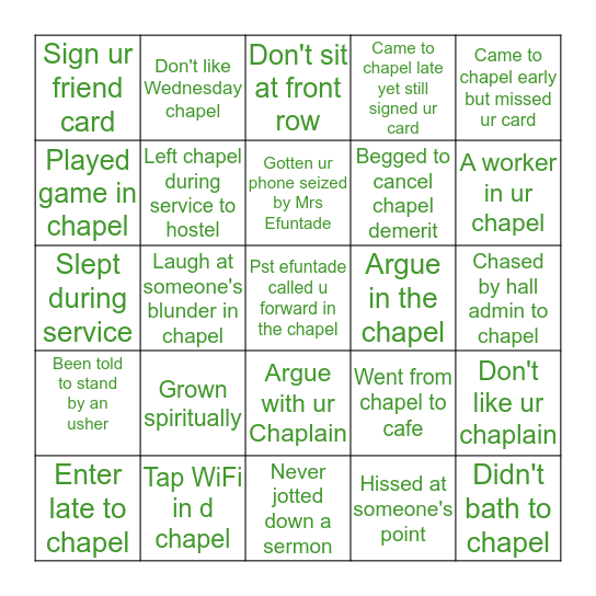 A.u chapel Bingo Card