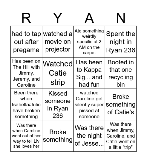 RYAN 236 Bingo Card