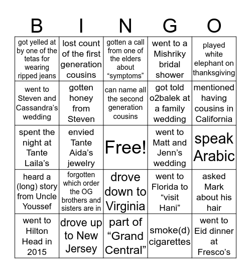 YOUSSEF FAMILY BINGO Card