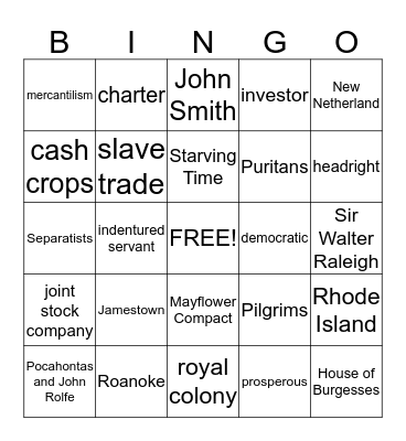 The English Colonies Bingo Card