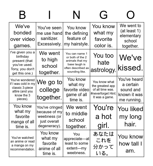 Neil Bingo Card