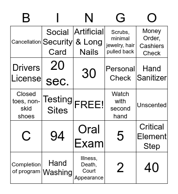 Virginia Nurse Aide Handbook Bingo Card