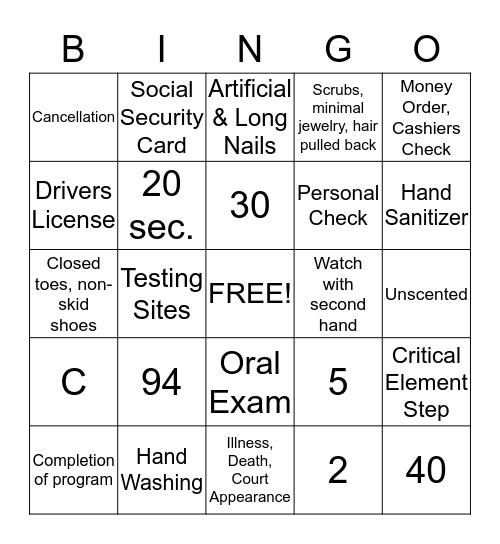 Virginia Nurse Aide Handbook Bingo Card