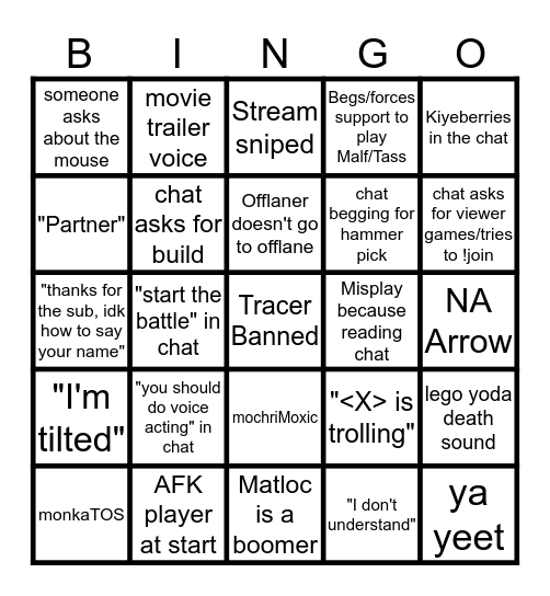 MochrieTV Stream Bingo Card