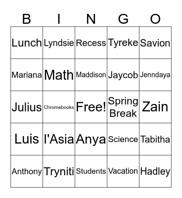 Fifth Grade Bingo Card