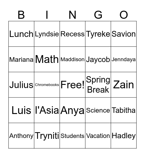 Fifth Grade Bingo Card