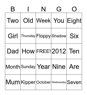 A B C English Bingo Card