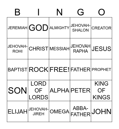 NAMES OF GOD Bingo Card