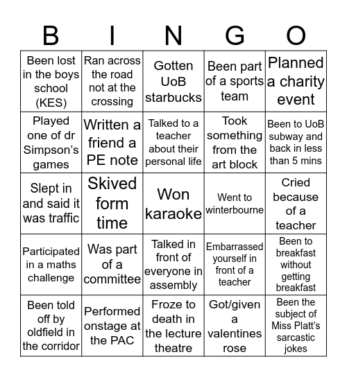 KEHS Bingo Card