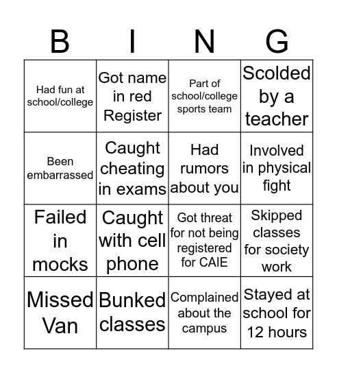 Meritorious School (O/A level) Bingo Card