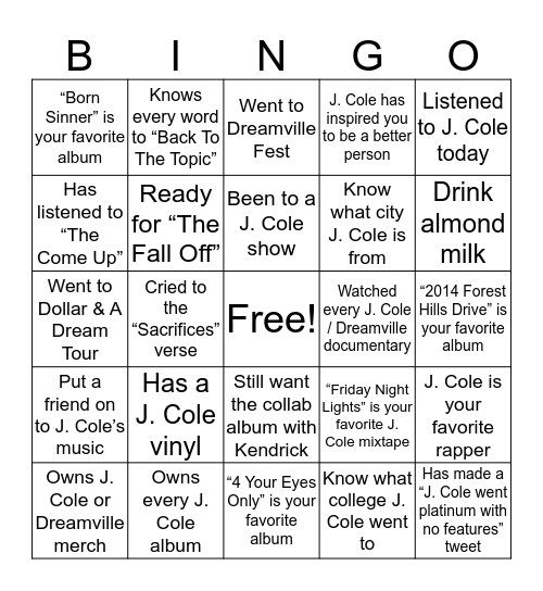 J. COLE BINGO Card