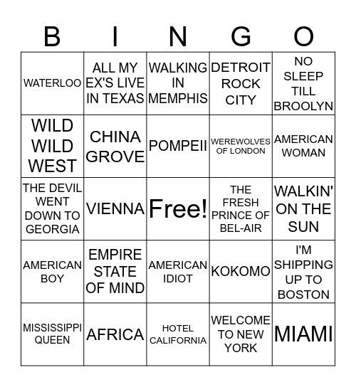 PLACES Bingo Card