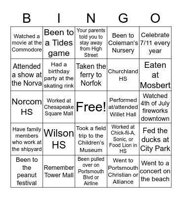 Portsmouth Bingo Card