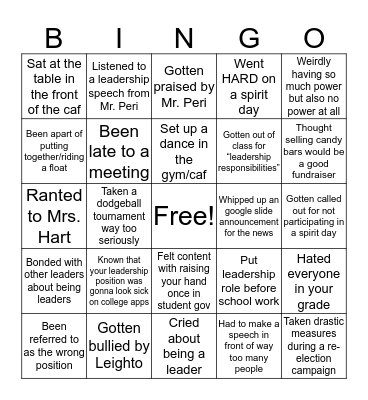 FHS Student Gov/Class Officer Bingo Card