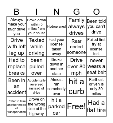 Bad Driver Bingo Card