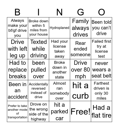 Bad Driver Bingo Card
