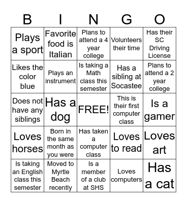 Introduction Bingo Card