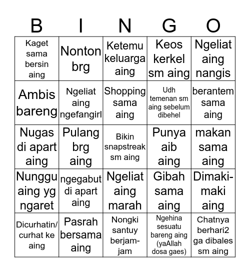 Bingo Aing Bingo Card