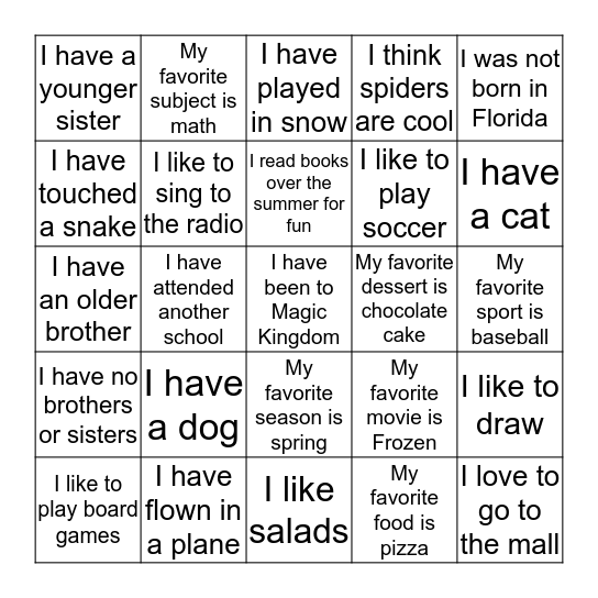 Getting to Know My Classmates  Bingo Card