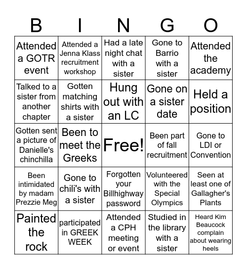 ALPHA SIGMA ALPHA IZ Bingo Card