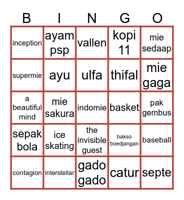 Bingo Pidi Bingo Card