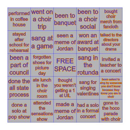 SLHS CHOIR BINGO Card