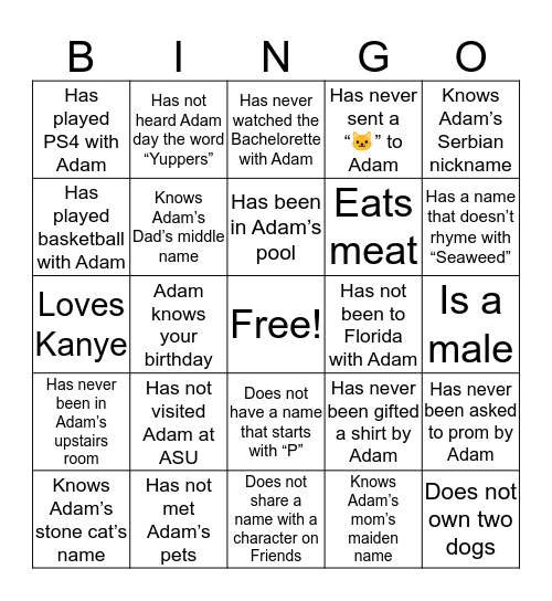 Adam’s Friend Bingo 😺 Bingo Card