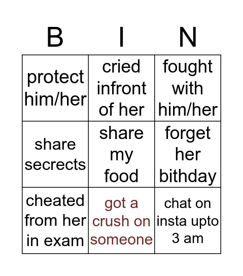 BFF Bingo Card