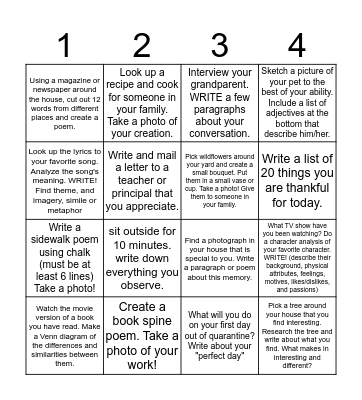 Getting Creative in Quarantine Bingo Card
