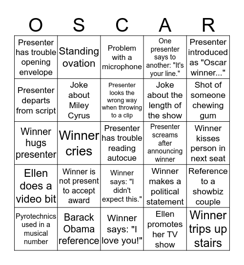 Oscar Bingo Card