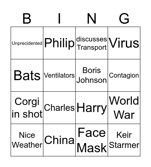 Queen's Speech Bingo - Covid 19 Edition Bingo Card