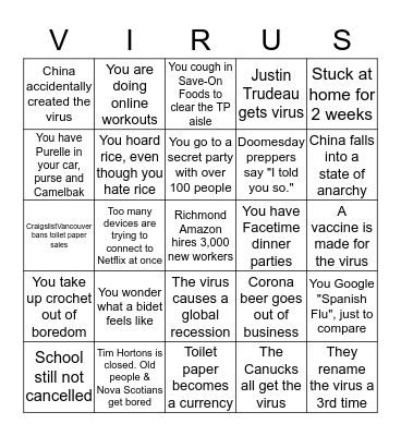 Coronavirus Bingo Vancouver Version Bingo Card