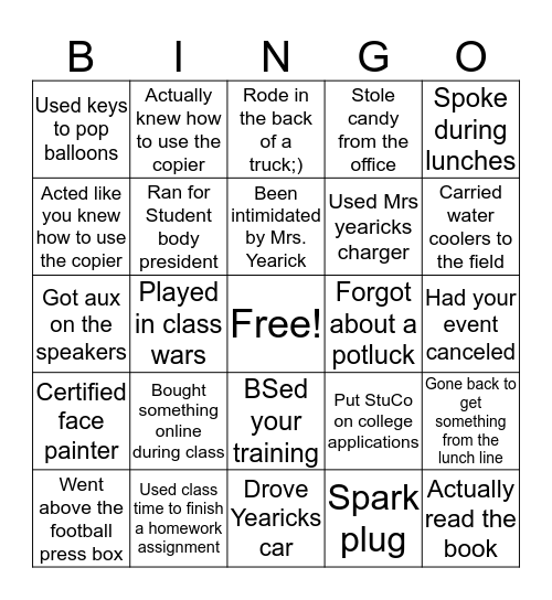 StuCo BinGo Card