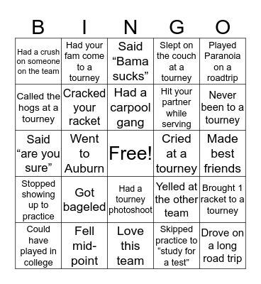Club Tennis Bingo Card
