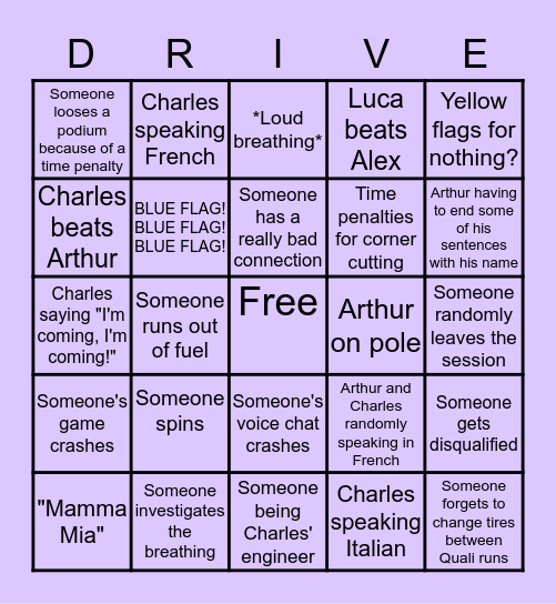 Drivers playing the F1 2019 game together Bingo Card
