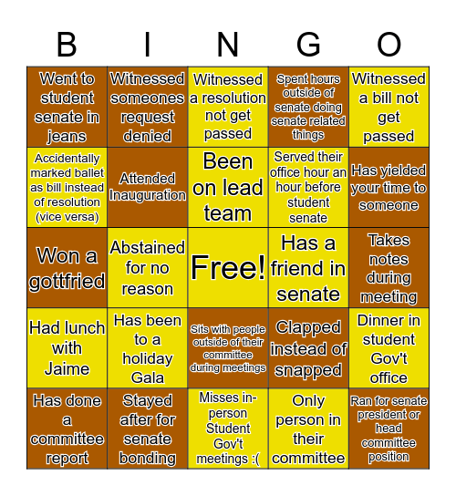 BW Student Gov't Bingo Card