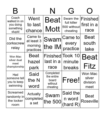 Swim Bingo Card