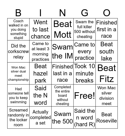Swim Bingo Card