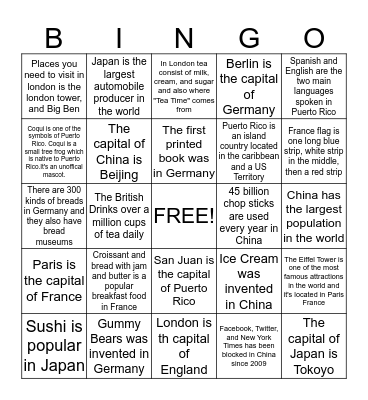 Culture Bingo - England, France, Japan, China, Puerto Rico & Germany Bingo Card