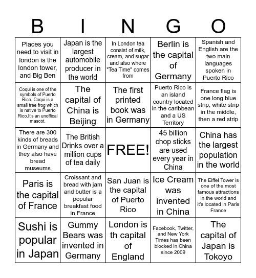 Culture Bingo - England, France, Japan, China, Puerto Rico & Germany Bingo Card