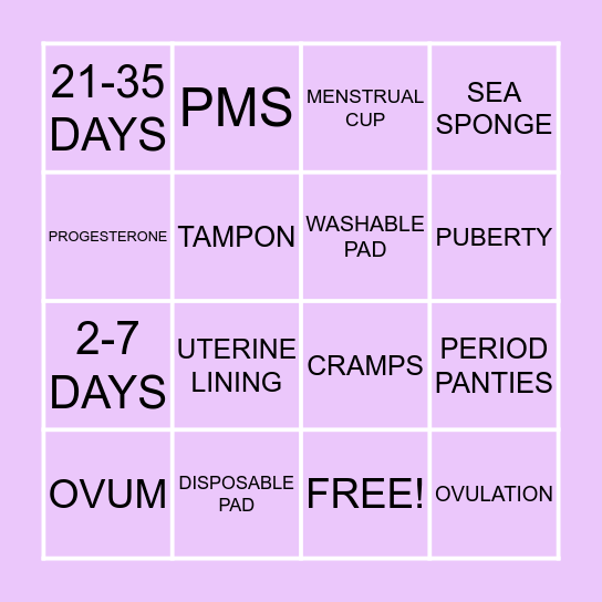 Menstrual Cycle Bingo Card